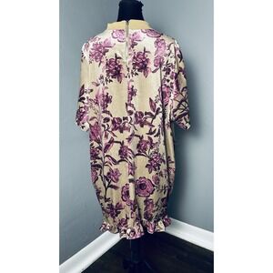 Velvet Green And Pink Floral Mini Dress Crew Neck And Ruffle Sleeves And Hem L
